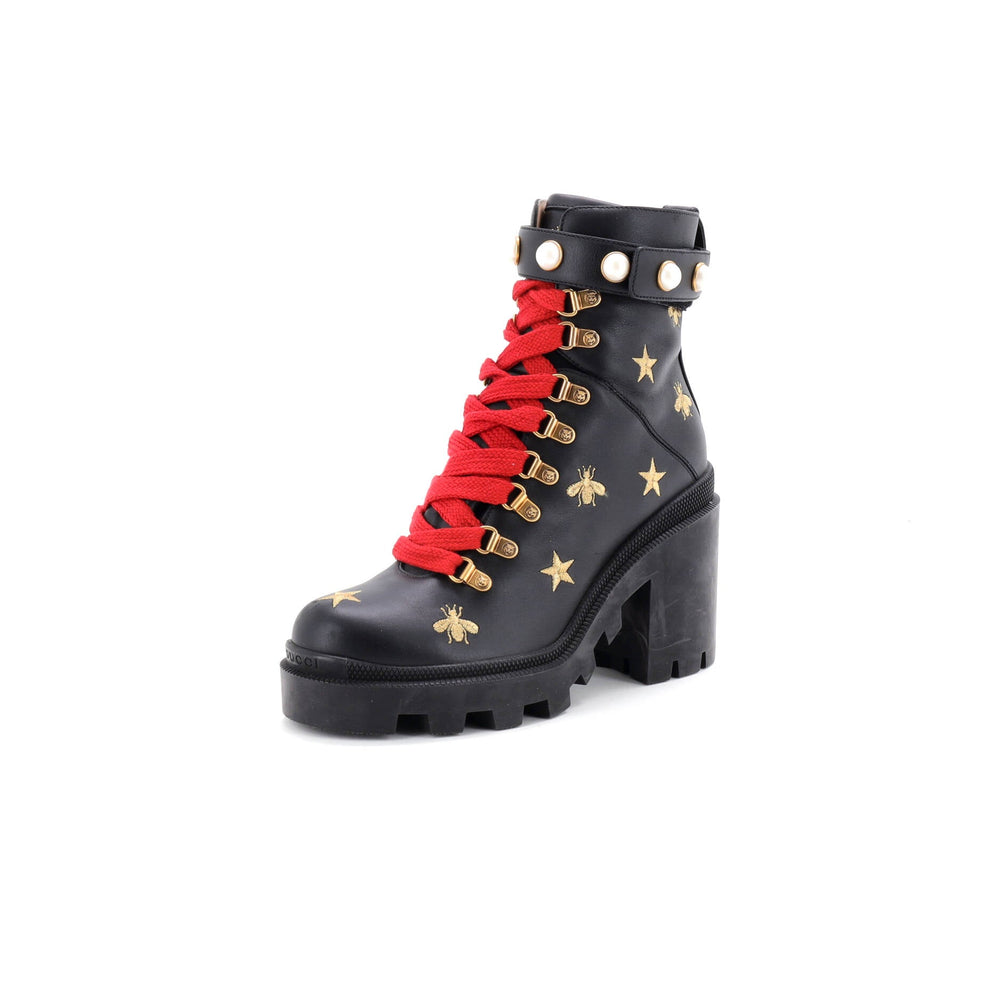 Gucci Women's Heeled Lace-Up Combat Ankle Boots Embroidered Leather