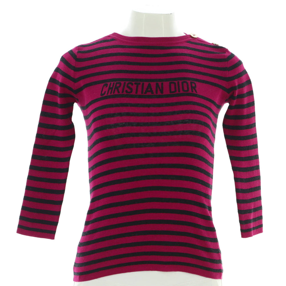 Christian Dior Women's Logo Button Shoulder Striped Sweater Cotton and Linen Blend