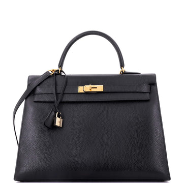 Hermès Kelly Handbag Black Clemence with Gold Hardware