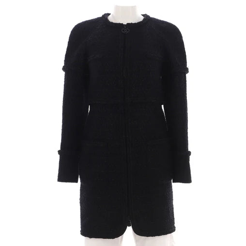 Chanel Women's Collarless Zip-Up Long Coat Tweed